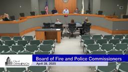 Wide shot of Council Dias with Board of Fire and Police Commissioners and the name of the meeting and date on a graphic.